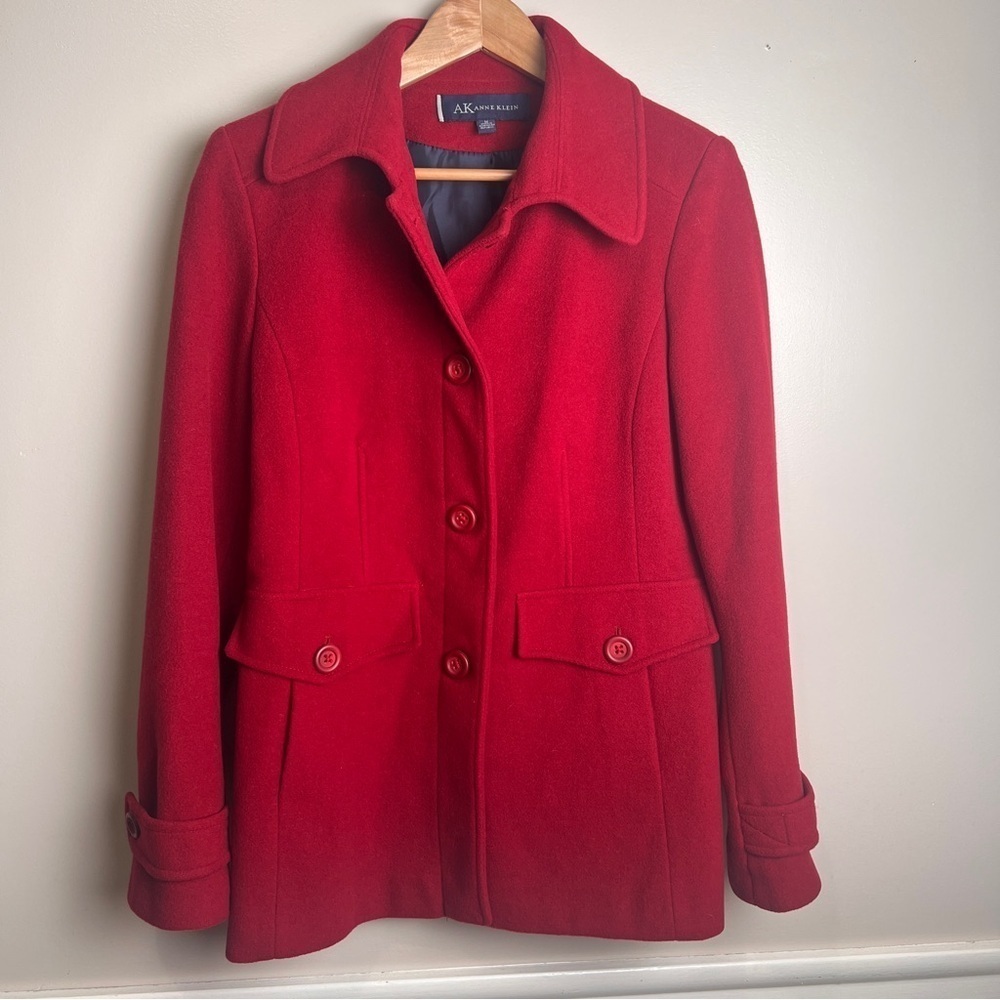 Anne Klein Vibrant Red Wool Blend Pea Coat Size Medium EUC